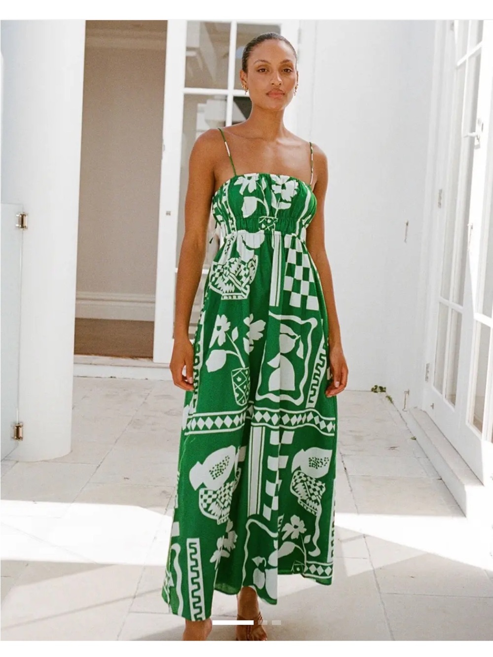 SABO Maia Lemoni Green white maxi spaghetti straps lined floral fruit XS dress